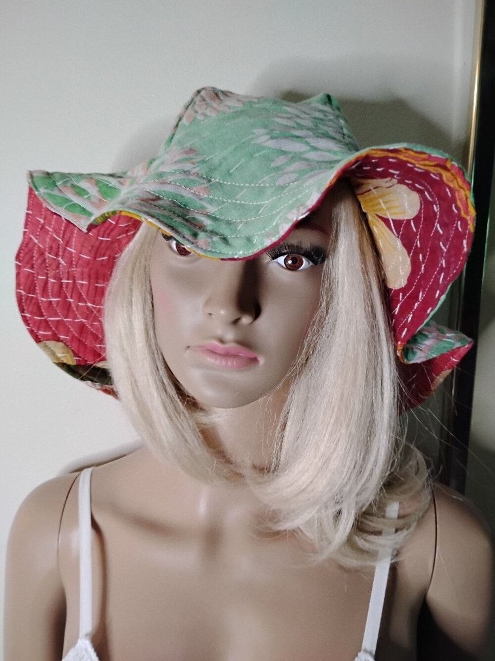 Kantha Sun Hat Mint Green Tropical Print M-L Reversible Handmade Beach KS18.